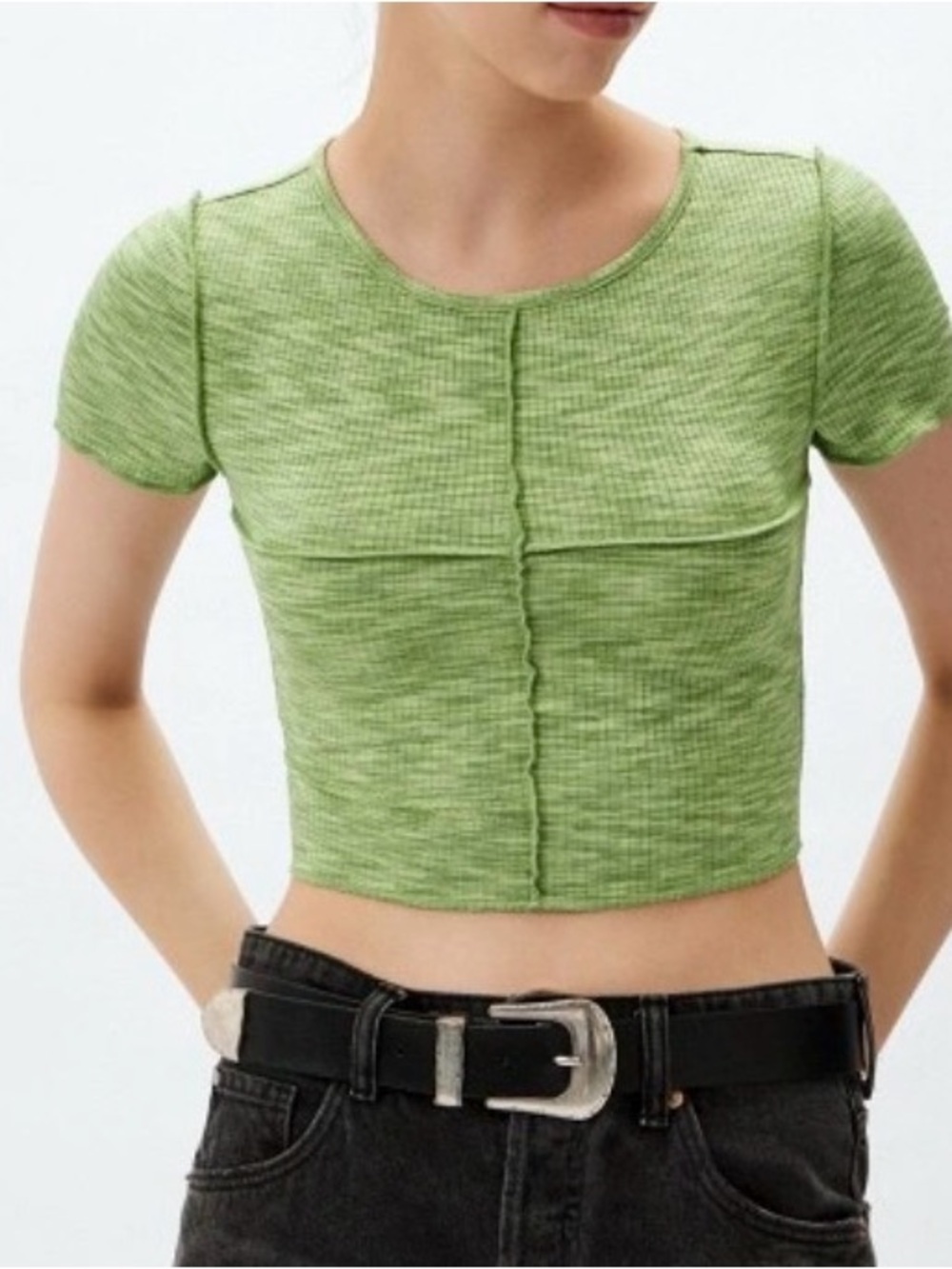 H&M Divided Crop Ribbed Seam-Front Tee in Green size M